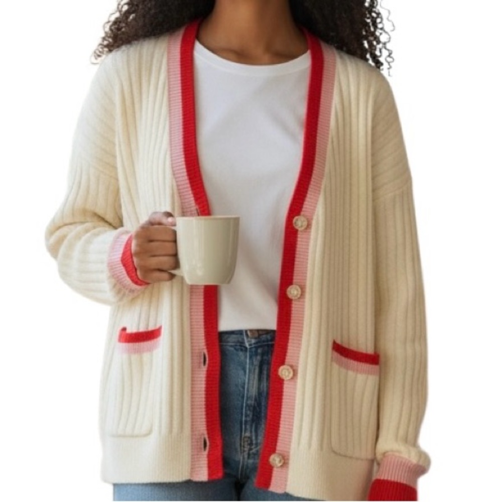 Loft‎ Cardigan Sweater Cream Ribbed Red pink trim Women’s LP Academia NWOT
